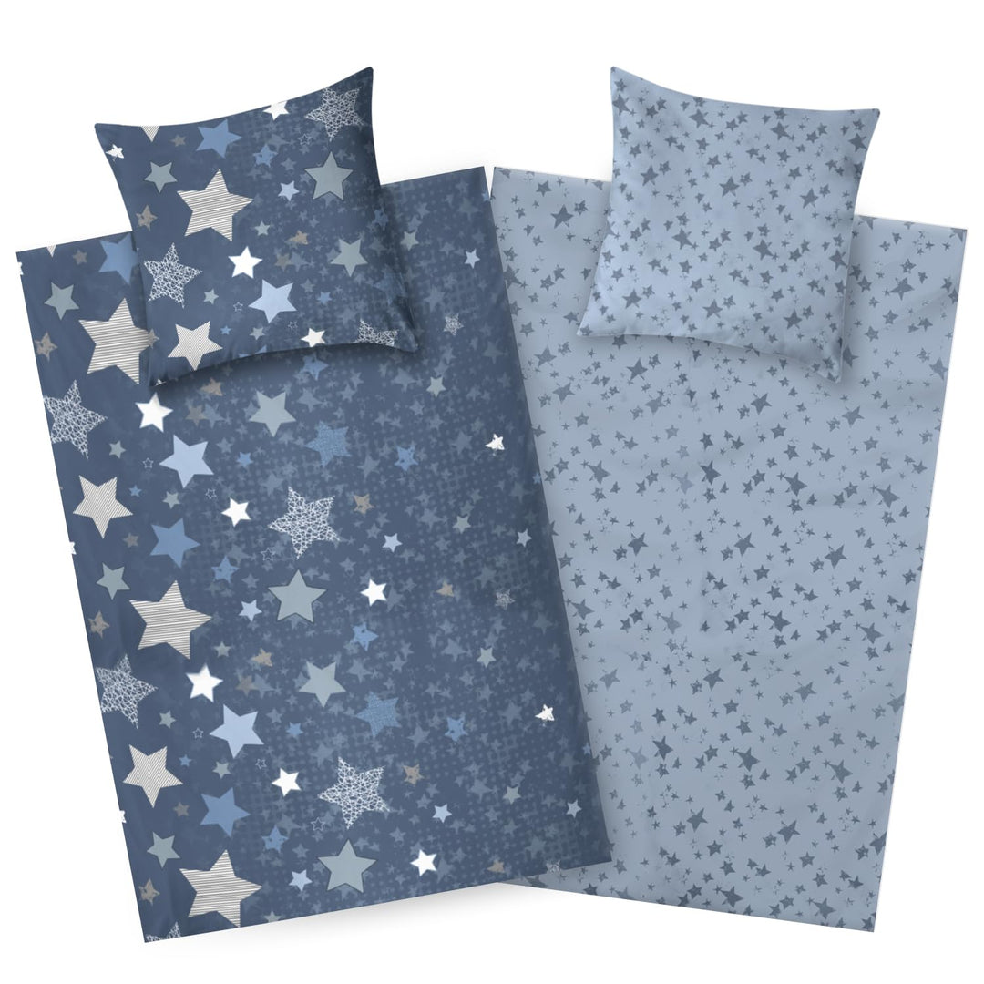 Aminata kids Bettwäsche 135x200 Sterne blau Baumwolle Stern-Motiv, Reissverschluss weich &amp; atmungsak