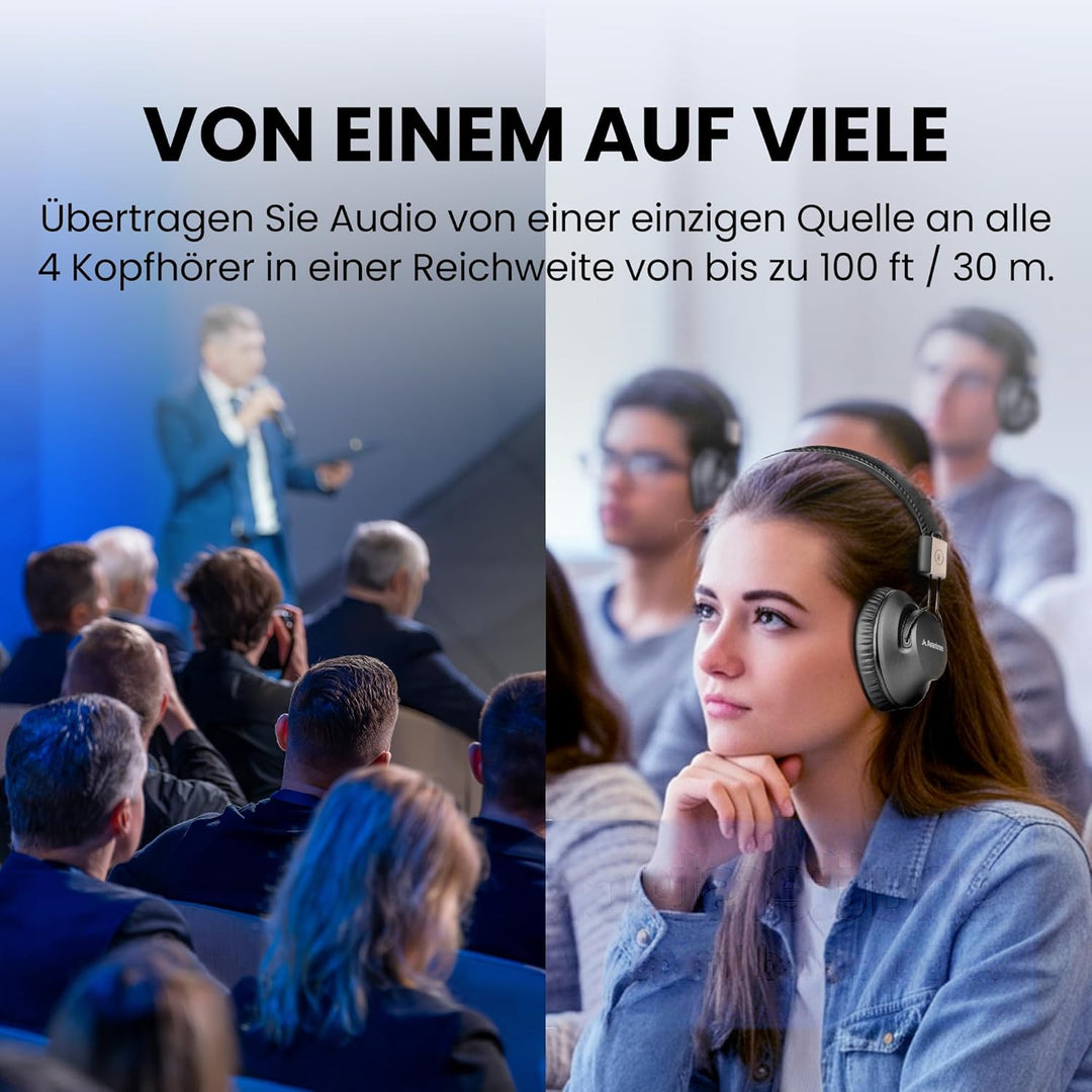 Avantree Quartet 2 – Bluetooth-kompatibles kabelloses Gruppenhörsystem mit Kopfhörern & Sender für P