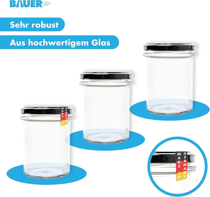 flaschenbauer.de BAUER 24er Set Sturzgläser 214 ml inkl. Schwarze Twist Off Deckel TO66 zum Einmache