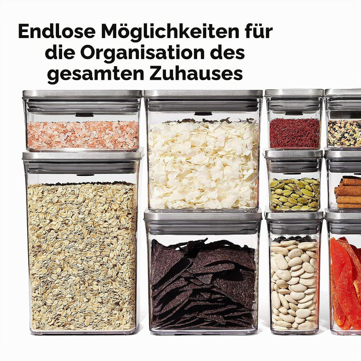 OXO SteeL POP-Behälter mittel (2,6 l) – rechteckige, stapelbare Vorratsdose mit Deckel für eine luft