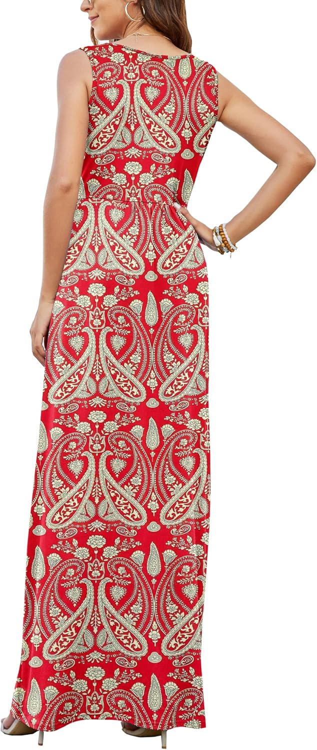 AUSELILY Maxikleid Damen Sommer ärmellos Kleid Lang Elegant tiefem V-Ausschnitt Abendkleid mit Tasch