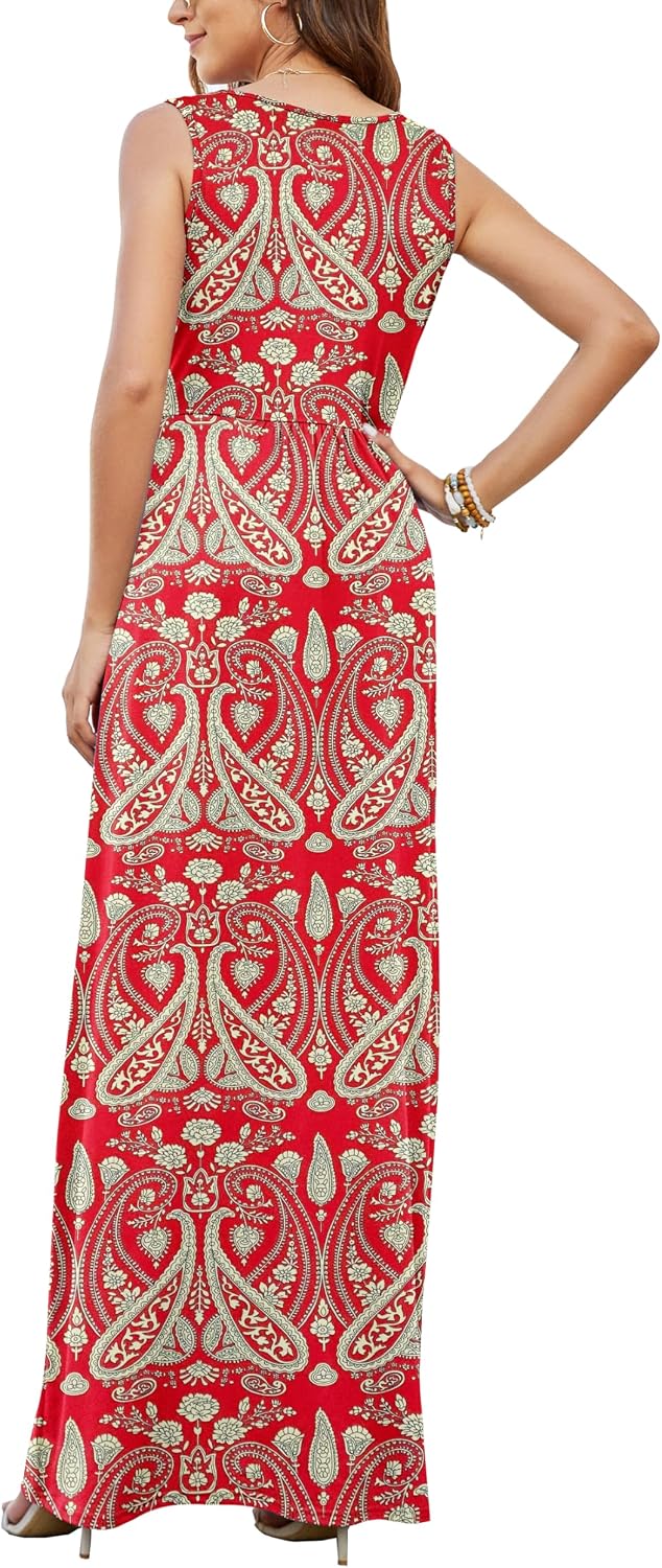 AUSELILY Maxikleid Damen Sommer ärmellos Kleid Lang Elegant tiefem V-Ausschnitt Abendkleid mit Tasch