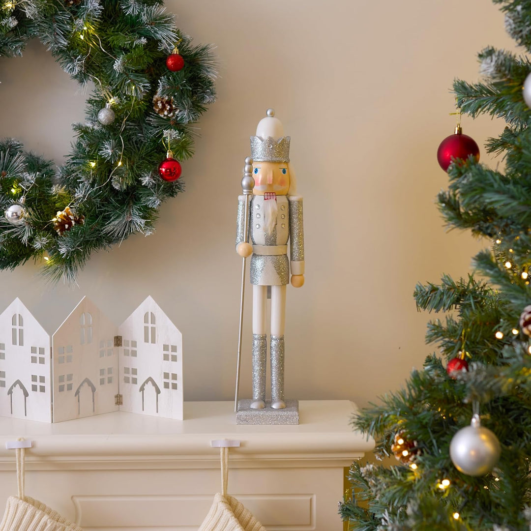THE TWIDDLERS Grosse Holz Weihnachten Nussknacker Figuren (Weiss & Silber), XL 50cm - Traditionelle