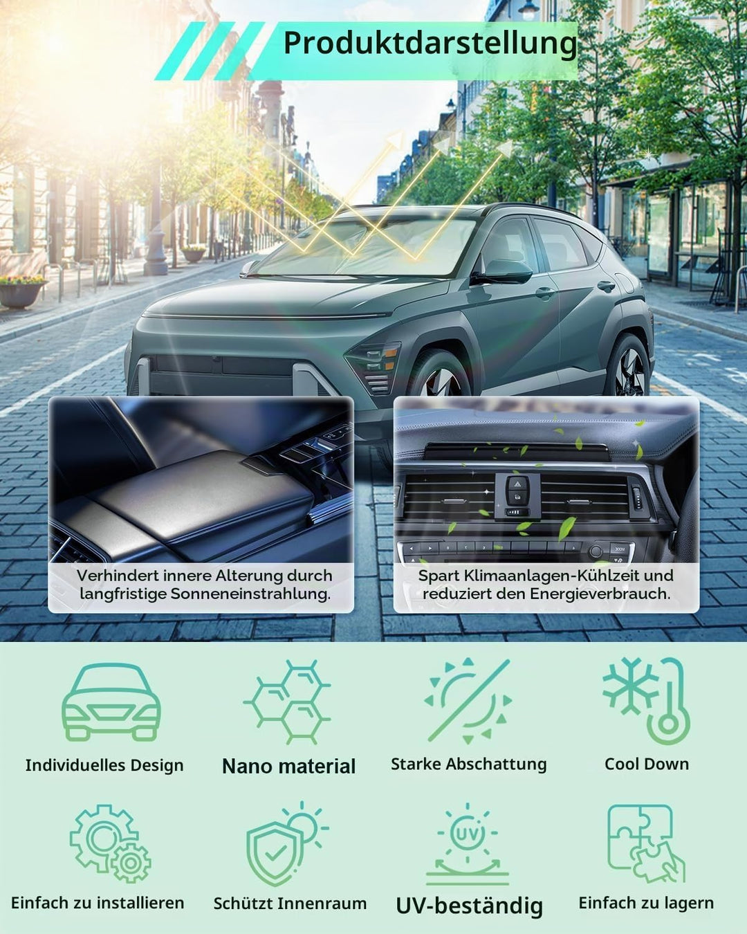 GAFAT Kompatibel mit Hyundai Kona SX2 2024 2025 Sonnenschutz Frontscheibe Innen, Kona SX2 Hybird EV