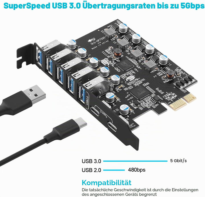 ULANSEN PCI-E-auf-7-Port-(Typ C (2), Typ A (5)) USB 3.0 HUB, Interne Erweiterungskarte, Contronller-
