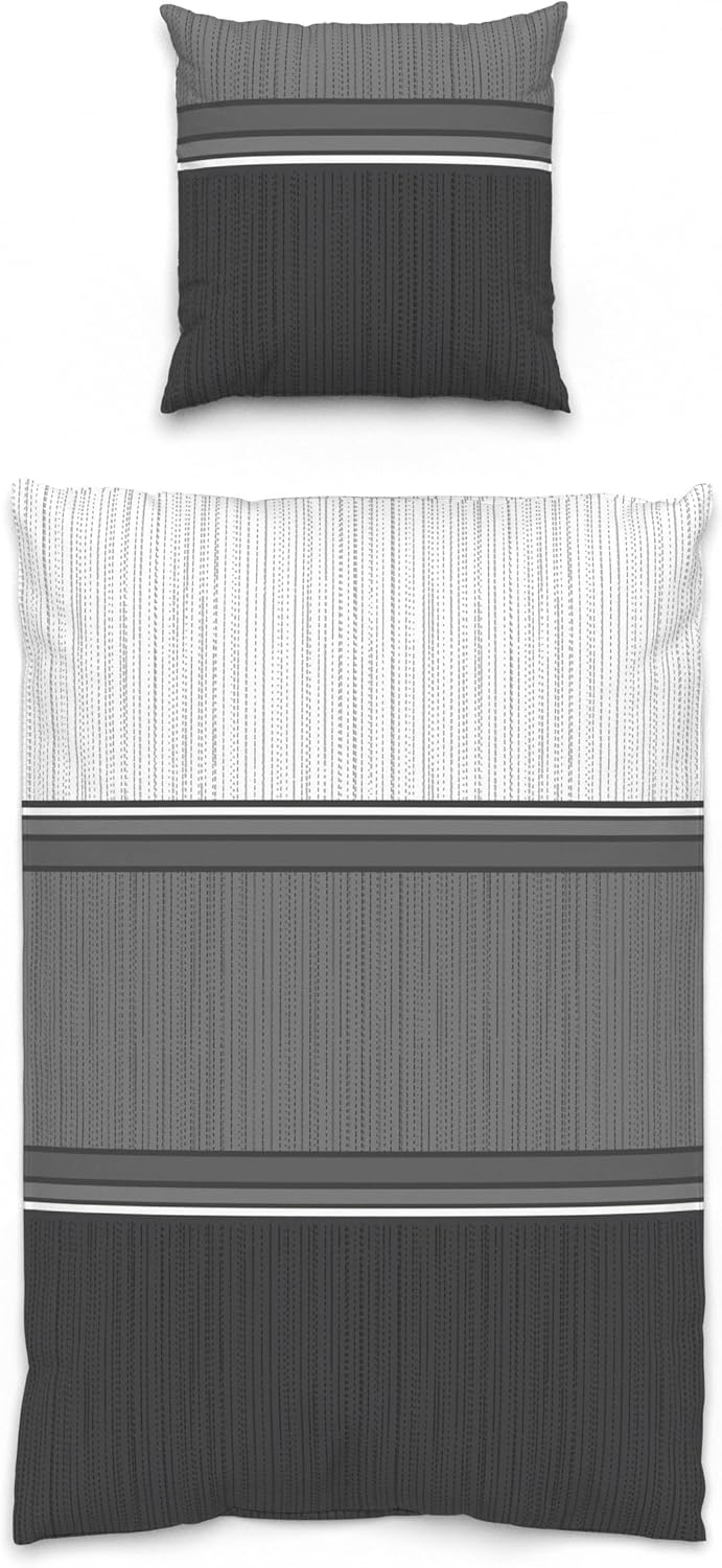 LARAWELL Bettwäsche 135x200 Baumwolle Ganzjahres Bettwäsche-Sets grau schwarz gestreift Premium Grau