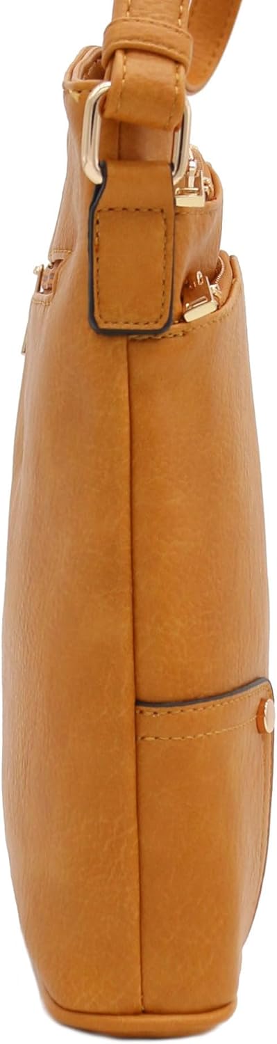Grosse Umhängetasche mit 3 Reissverschlusstaschen Mustard, Senf
