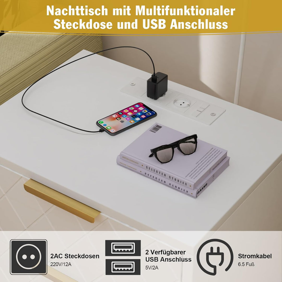 Nachttisch mit Ladestation, 2er Set, Nachtschrank mit 2 Schublade, 2 AC-Steckdosen, 2 USB-Anschlüsse