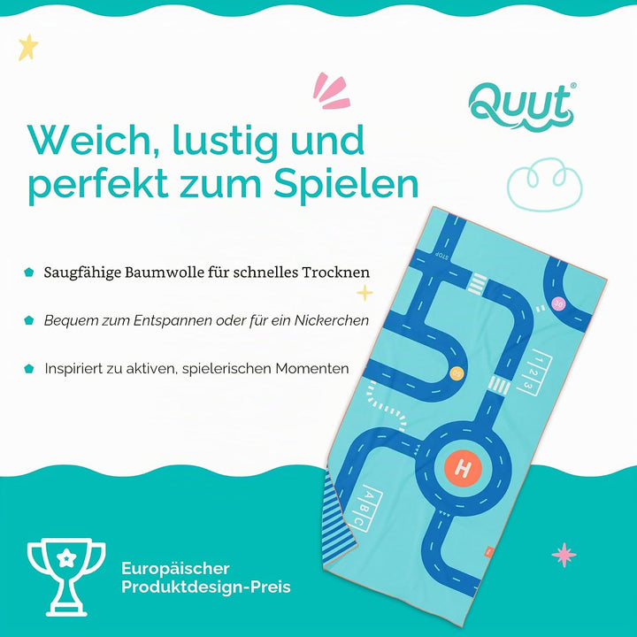 Quut – Strand-/Poolhandtuch für Kinder mit Spiel – Ultraschnell trocknende Mikrofaser, sandfrei – ko