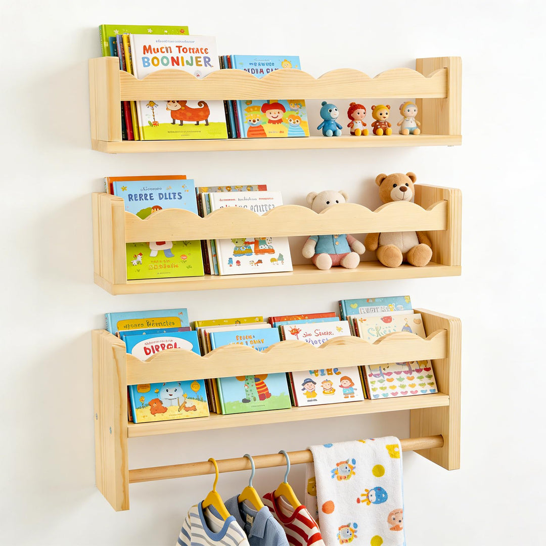 3er Set Wandregal aus Massivholz, 40 cm, Schweberegal mit Wellenkante für Bücher und Dekoration, gee