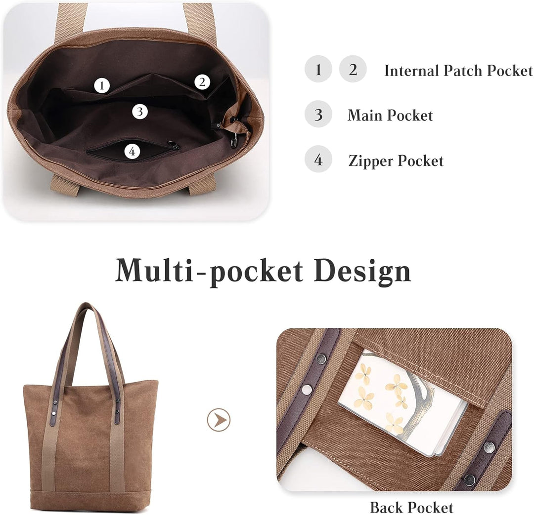 PORRASSO Damen Schultertasche Gross Canvas Handtasche Mode Tote Henkeltasche für Schule Arbeit Einka