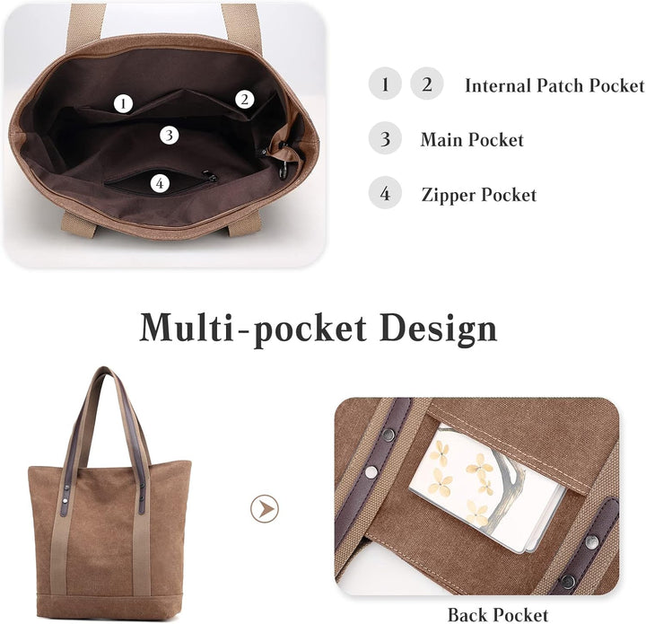 PORRASSO Damen Schultertasche Gross Canvas Handtasche Mode Tote Henkeltasche für Schule Arbeit Einka