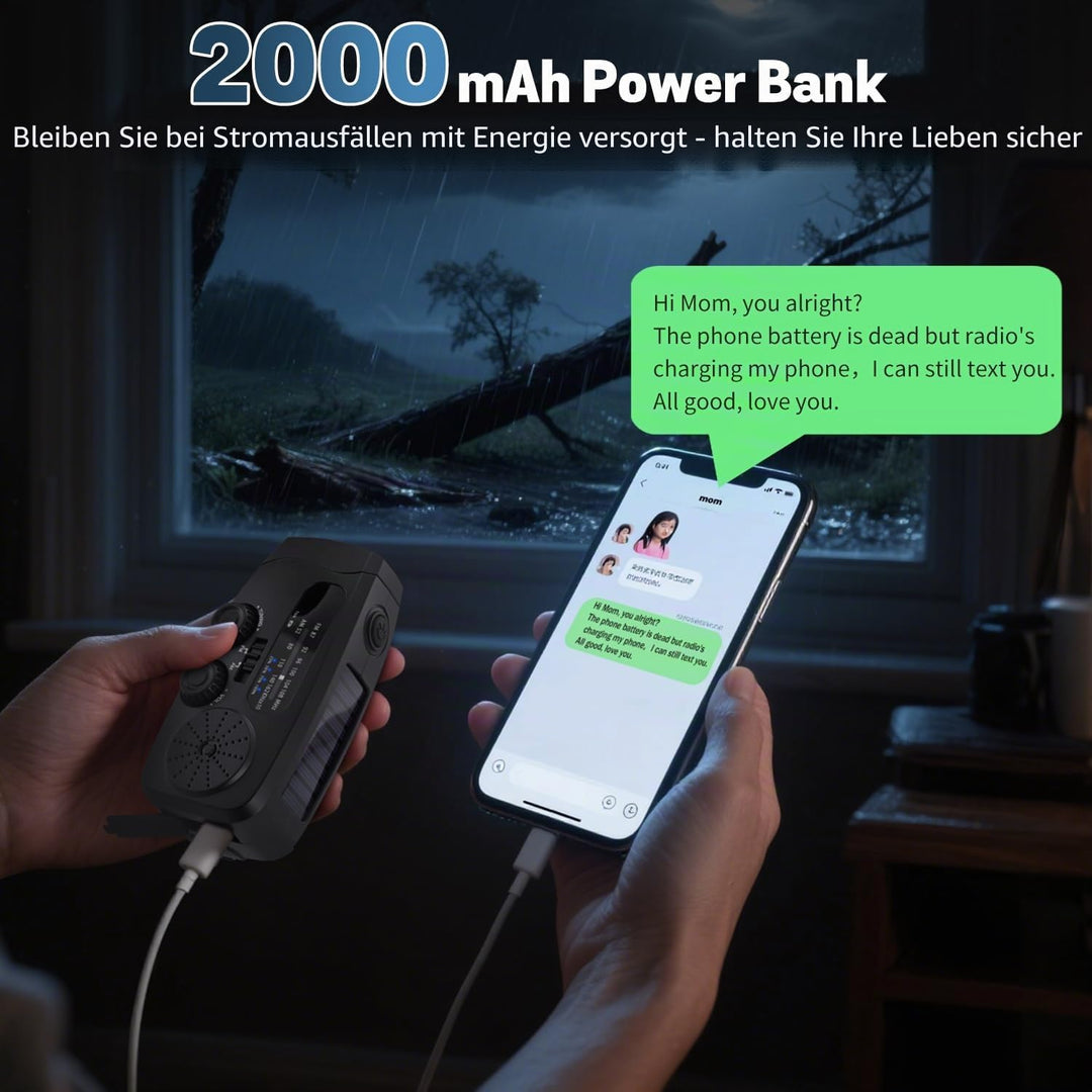 Kurbelradio, Radio mit Kurbel und Solar Notfall Ausrüstung, Notfallradio Emergency 2000mAh Power Ban