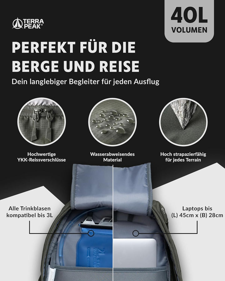 Terra Peak® Premium Wanderrucksack 40L (FLEX 40) für Damen & Herren gross mit Rückenbelüftung, Regen