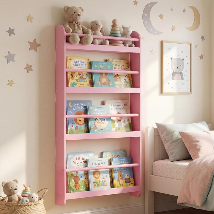 COSTWAY Bücherregal für Kinder, Kinderregal mit 4 Ablagen, Wandregal aus Holz für Spielzeug &amp; Bücher