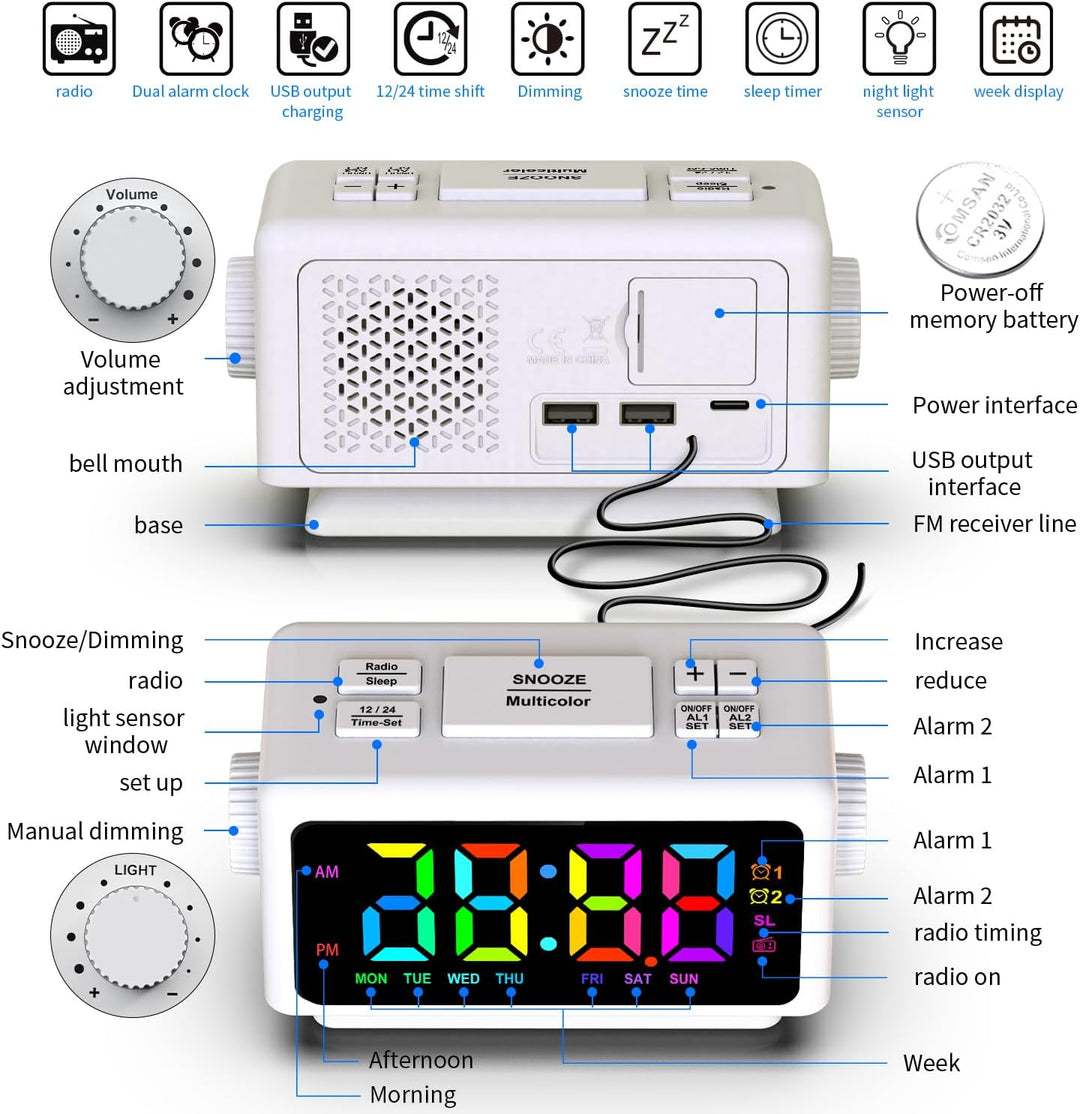 ThreeH Radiowecker RGB Farbe Zeitanzeige 12 Dimmer Lauter Alarm FM Radiowecker für Senioren Kinder 1