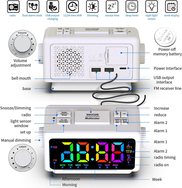ThreeH Radiowecker RGB Farbe Zeitanzeige 12 Dimmer Lauter Alarm FM Radiowecker für Senioren Kinder 1