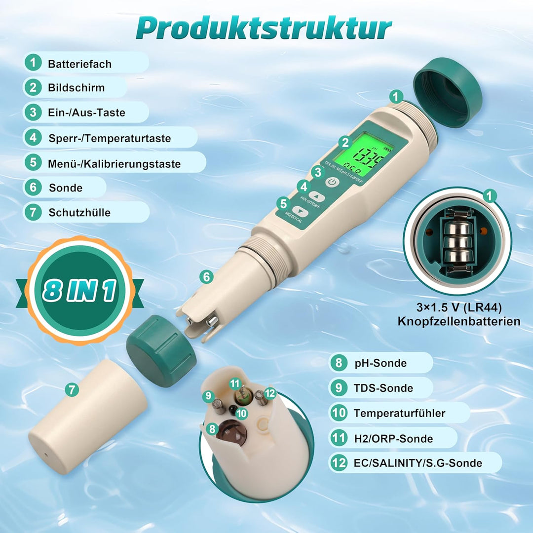 8 in 1 PH Messgerät Wasser, pH Wert Messgerät, misst pH ORP Salzgehalt TDS EC Temperatur, Digitaler