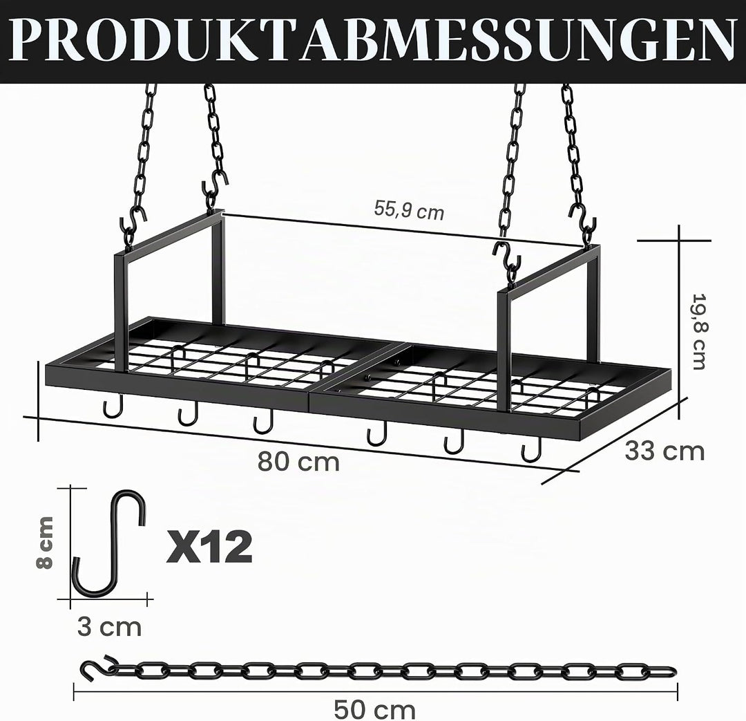 Hängendes Topfregal, 78,9 cm Topfaufhänger für Küche, Deckenmontage, Topfregal mit 12 abnehmbaren S-