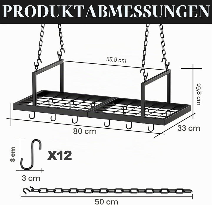 Hängendes Topfregal, 78,9 cm Topfaufhänger für Küche, Deckenmontage, Topfregal mit 12 abnehmbaren S-