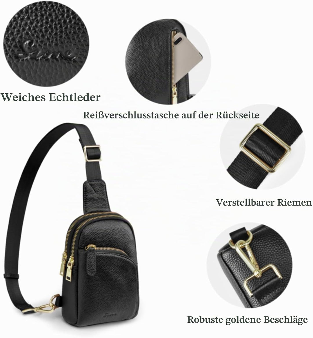 S-ZONE RFID-blockierende Damen-Umhängetasche, Leder, klein, Brustrucksack, Rucksack Schwarz-1, Schwa