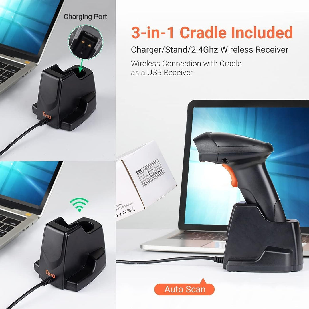 Tera Wireless 1D Laser Barcode Scanner 2.4GHz Kabelloser Barcodeleser mit Ladestation, Automatic Sen