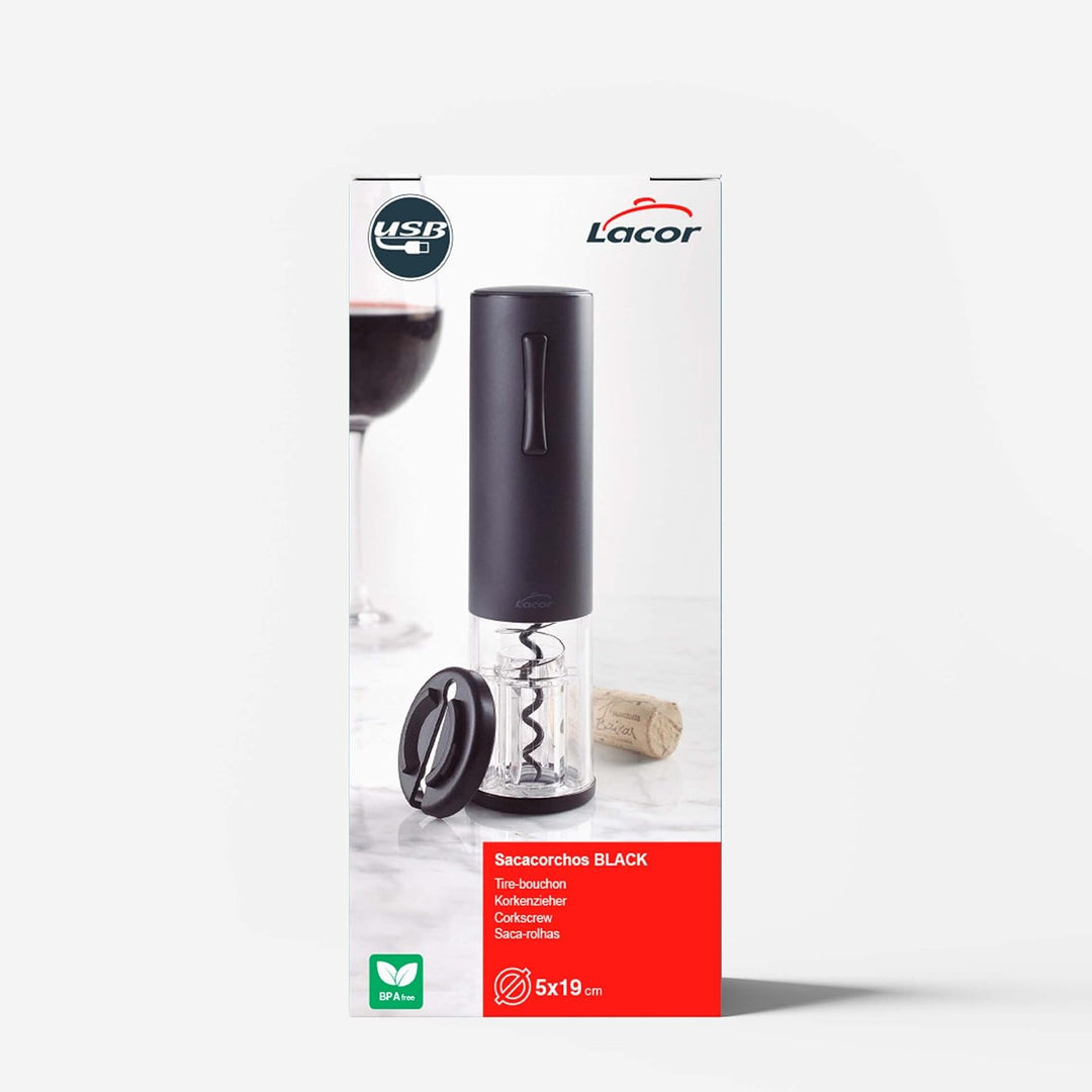 Lacor - 63057 - Elektrischer Korkenzieher Black Luxe aus Edelstahl, automatischer Weinöffner, elegan