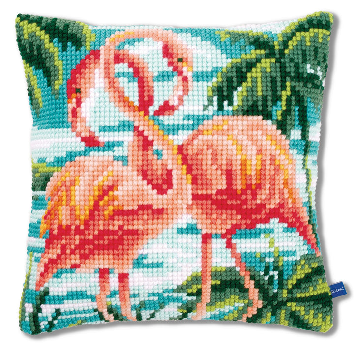 Vervaco Kreuzstichkissen 2 rosa Flamingos Kreuzstichpackung, Stramin, Weiss, 40 x 40 x 0,3 cm
