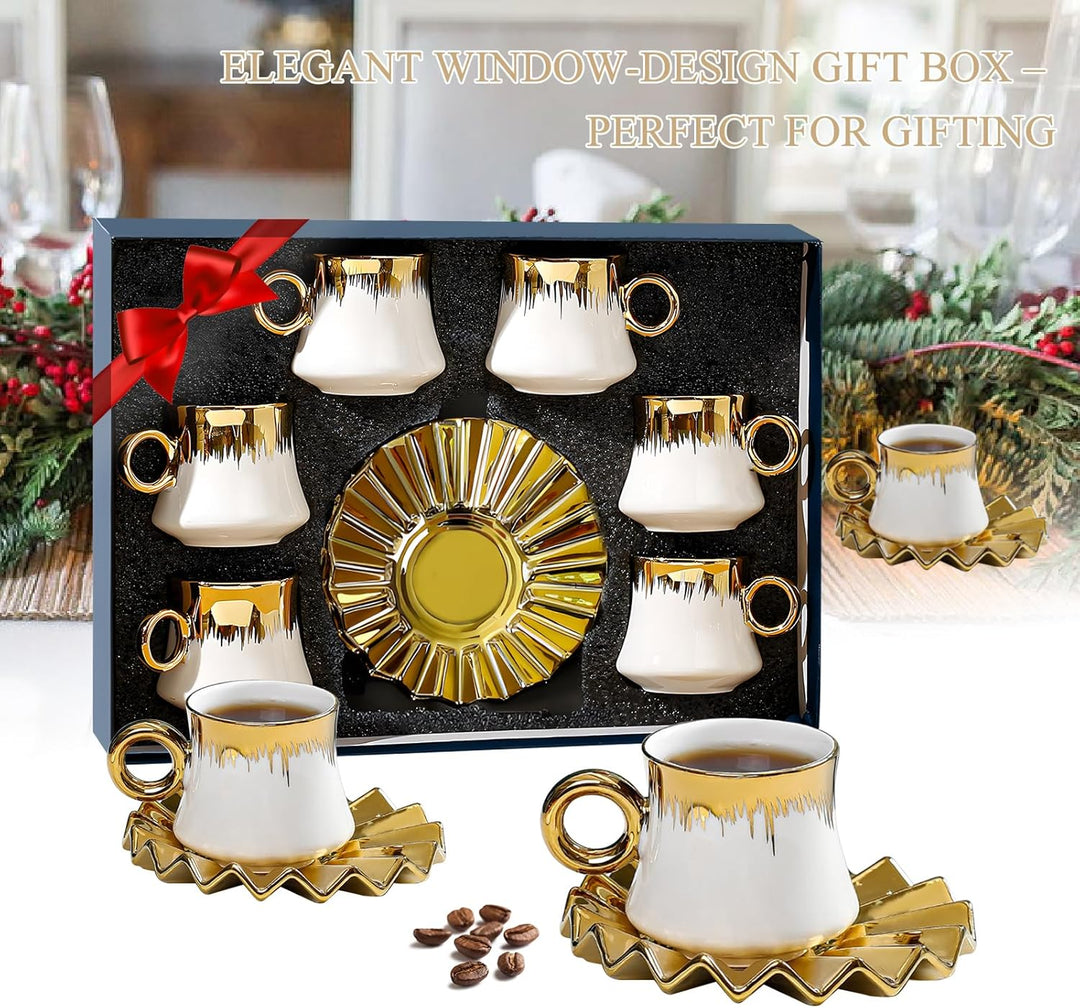 6PCS Teeservice für Porzellan Europäisches, 100 ML Keramik Kaffeeservice mit Kaffeetassen und Untert