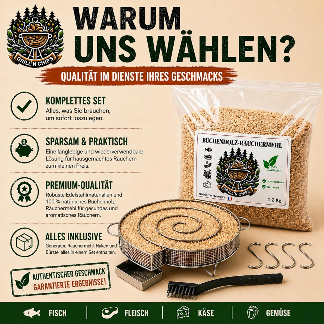 Kaltrauchgenerator/Räucherschnecke für Räucherofen Fleisch und Fisch + 1,3 kg Räuchermehl Buche + 4