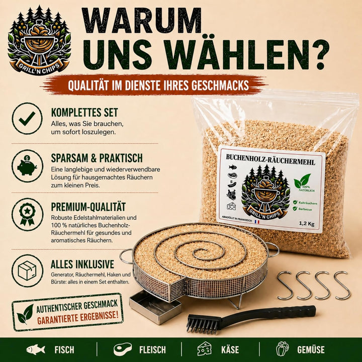 Kaltrauchgenerator/Räucherschnecke für Räucherofen Fleisch und Fisch + 1,3 kg Räuchermehl Buche + 4