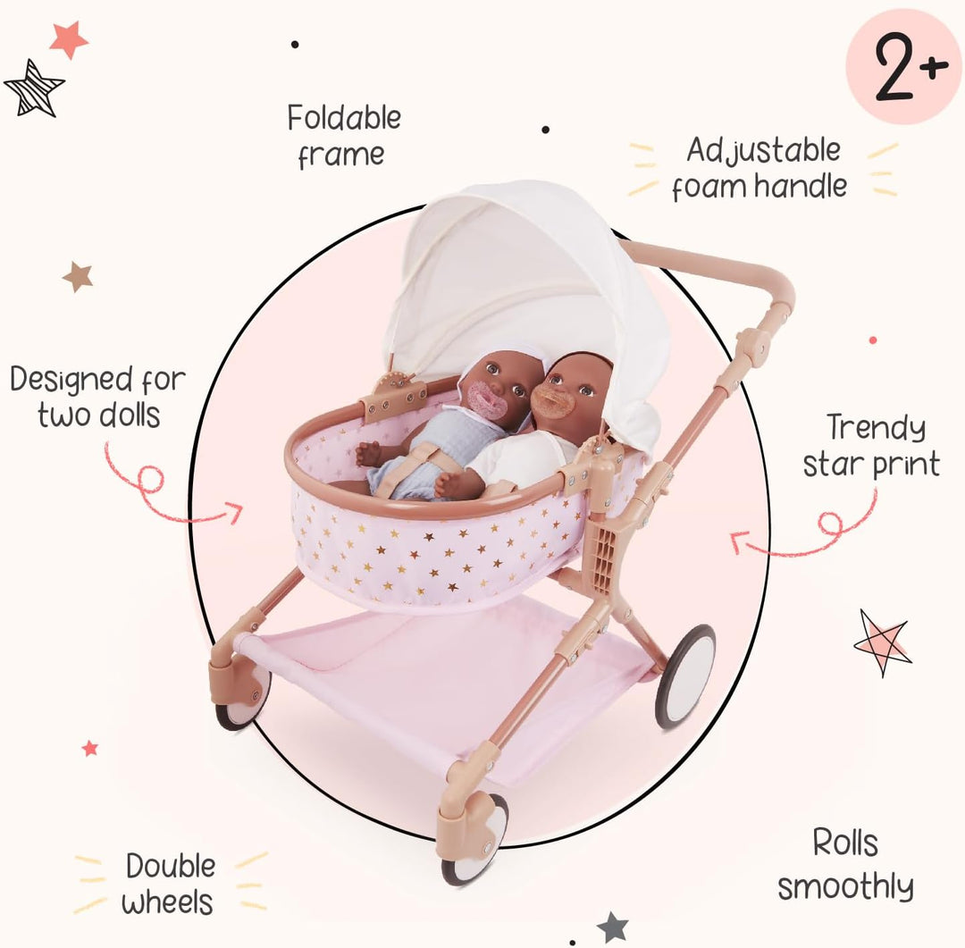 LullaBaby – Kinderwagen Puppenwagen Zwillinge für 36 cm Baby Puppen – Puppenbuggy mit faltbarem Dach