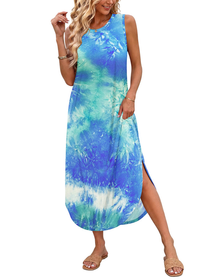AUSELILY Maxikleider Damen Sommer Ärmellos Strandkleid Lang Kleider S Gefärbt Blau Grün Weiss, S Gef