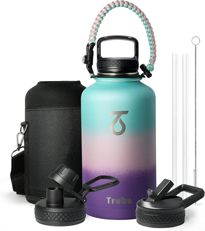Trebo Wasserflasche 1.8 l mit Paracord-Griff, halbe Gallone, lebensmittelechter, doppelwandiger Vaku