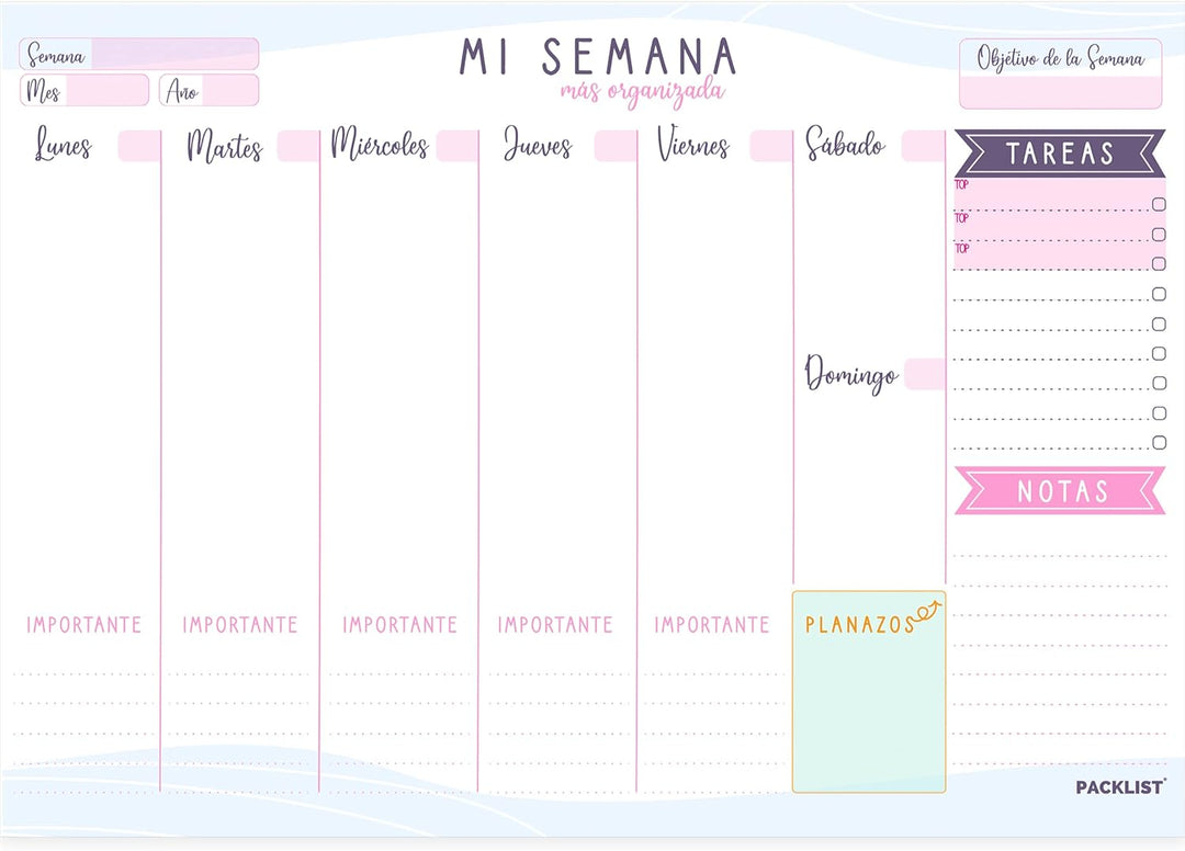PACKLIST Planificador Semanal, Agenda Semanal. Organizador Semanal A4, Planning Escritorio - Weekly
