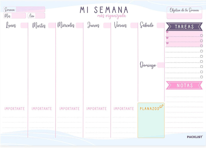 PACKLIST Planificador Semanal, Agenda Semanal. Organizador Semanal A4, Planning Escritorio - Weekly