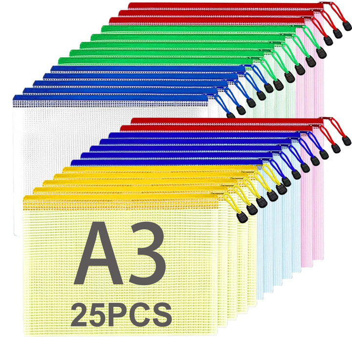 ASelected 25 Stücke Dokumententasche A3 Reissverschluss, 5 Farbe Mesh Kunststoff Reissverschlusstasc