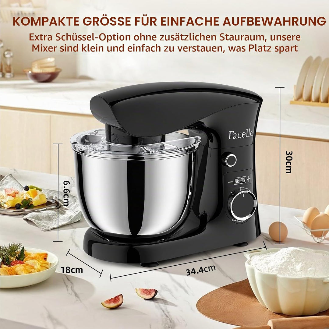 Küchenmaschine Knetmaschine 1500W | Facelle 5,5L &amp;4,5L Teigmaschine Rührmaschine | Geräuscharm| 10+P