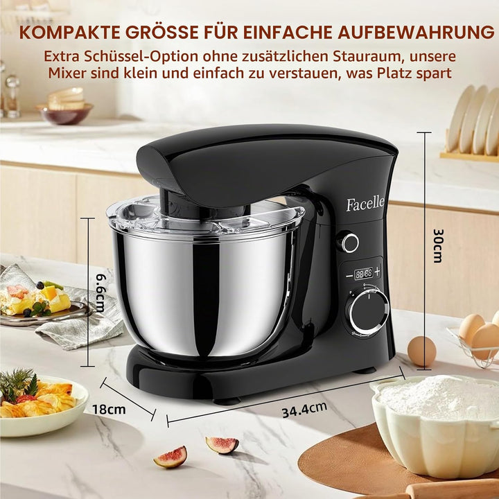 Küchenmaschine Knetmaschine 1500W | Facelle 5,5L &amp;4,5L Teigmaschine Rührmaschine | Geräuscharm| 10+P