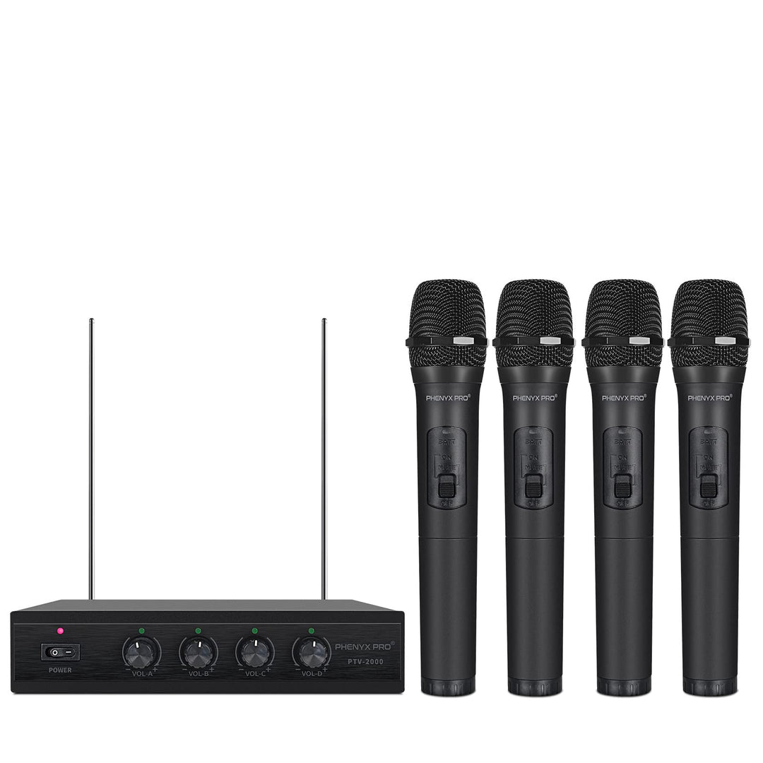 Phenyx Pro Sistema microfonico Wireless, microfoni Wireless VHF a 4 canali, Con 4 microfoni dinamici