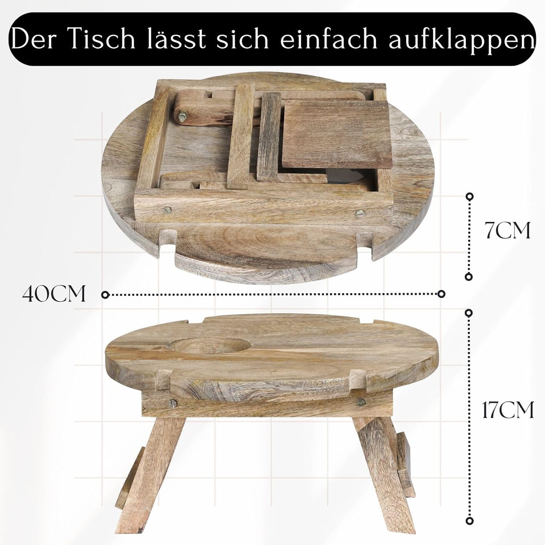 Marrakesch Picknick Klapptisch aus Holz Tablett Durchmesser 40 cm | Campingtisch Roman klappbar für