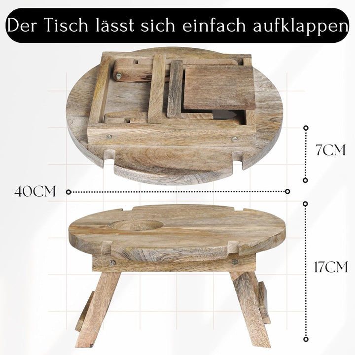 Marrakesch Picknick Klapptisch aus Holz Tablett Durchmesser 40 cm | Campingtisch Roman klappbar für