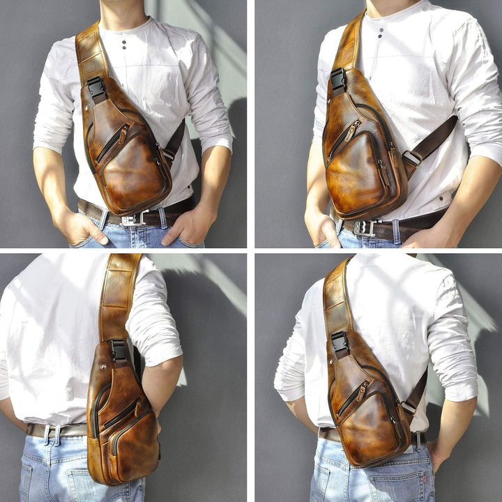 Le'aokuu Herren Echtes Leder Brusttasche Umhängetasche Sport Outdoor Messenger Bag Wanderrucksäcke 8