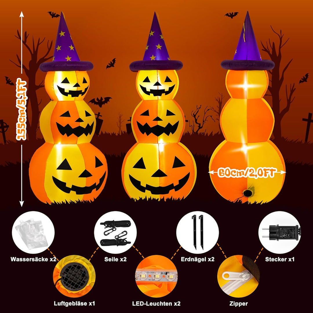 Solpex Halloween Dekoration Aufblasbare Kürbisdekoration, 150m/5FT, gestapelte Kürbisse mit LED-Bele