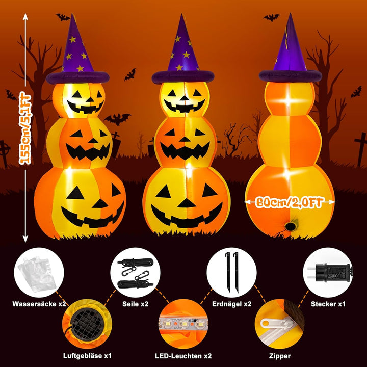 Solpex Halloween Dekoration Aufblasbare Kürbisdekoration, 150m/5FT, gestapelte Kürbisse mit LED-Bele