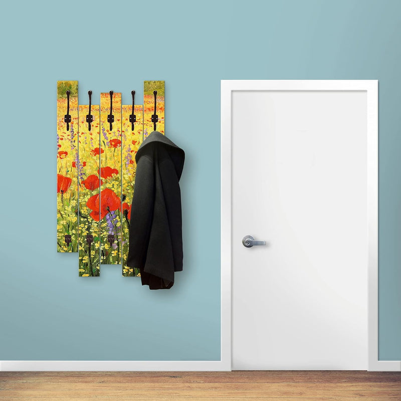 ARTLAND Wandgarderobe Holz mit 8 Haken 63x114 cm Design Garderobe Paneel mit Motiv Mohnblumen Blumen