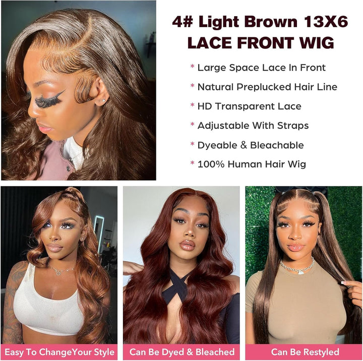 Chocolate Brown brasilianische Echthaar-Perücke, 61 cm, 13 x 6, Body Wave Lace Front-Perücke #4, nat