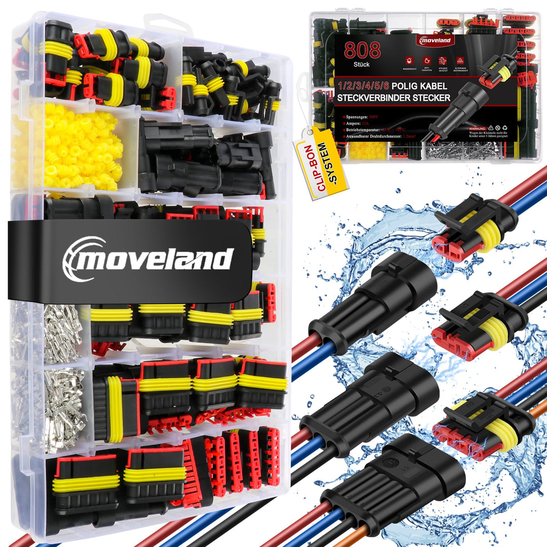 moveland kfz Stecker 808PCS - Schnell kfz Steckverbinder Wasserdicht 1/2/3/4/5/5/6 Polig - Dicht Ste