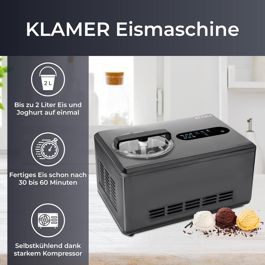 KLAMER 2-in-1 Eismaschine & Joghurtbereiter 2 L, 220 W Eiscrememaschine aus Edelstahl mit Kühl- und