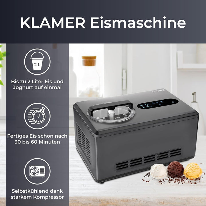 KLAMER 2-in-1 Eismaschine & Joghurtbereiter 2 L, 220 W Eiscrememaschine aus Edelstahl mit Kühl- und